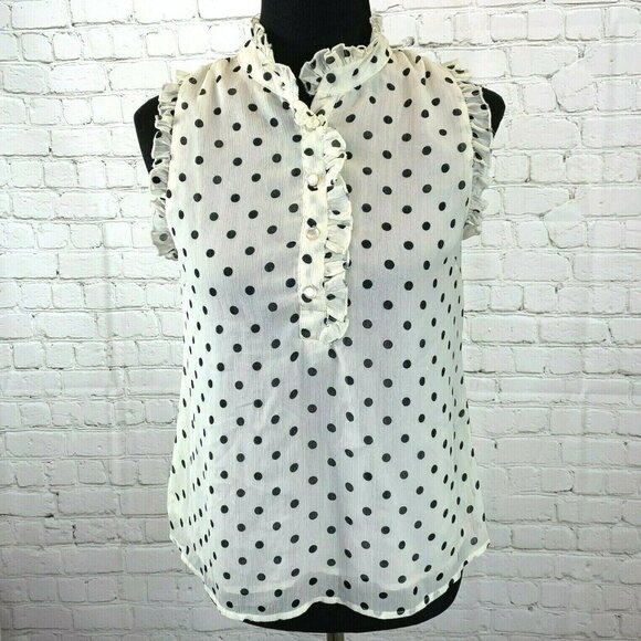 Cynthia Rowley Top S Polka Dot Ruffles Popover Cream Black Sleeveless Shirt - Picture 1 of 6